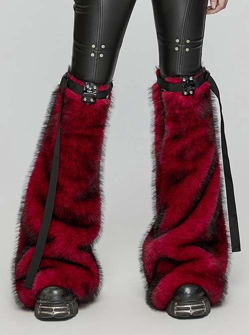 Black Red Warm Imitation Silver Fox Fur With Shiny Patent Leather Semi Circular Rivets Embellished Punk Style Adjustable Leg Warmers