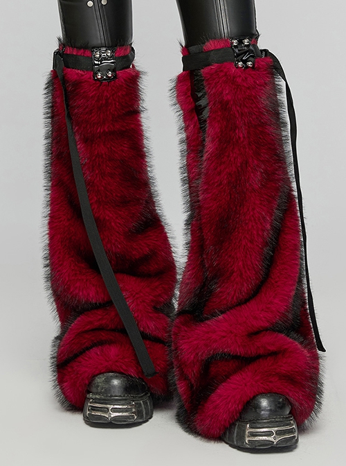 Black Red Warm Imitation Silver Fox Fur With Shiny Patent Leather Semi Circular Rivets Embellished Punk Style Adjustable Leg Warmers