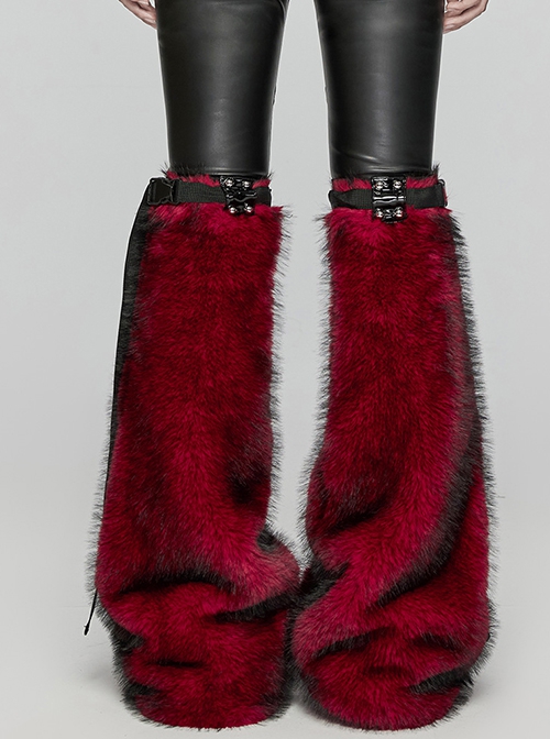 Black Red Warm Imitation Silver Fox Fur With Shiny Patent Leather Semi Circular Rivets Embellished Punk Style Adjustable Leg Warmers