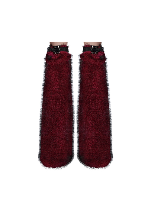 Black Red Warm Imitation Silver Fox Fur With Shiny Patent Leather Semi Circular Rivets Embellished Punk Style Adjustable Leg Warmers