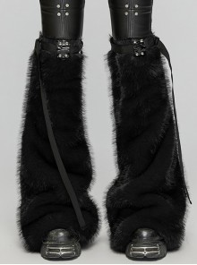 Black Warm Imitation Silver Fox Fur With Shiny Patent Leather Semi Circular Rivets Embellished Punk Style Adjustable Leg Warmers