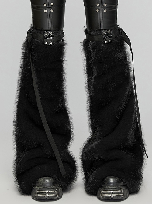 Black Warm Imitation Silver Fox Fur With Shiny Patent Leather Semi Circular Rivets Embellished Punk Style Adjustable Leg Warmers