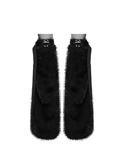Black Warm Imitation Silver Fox Fur With Shiny Patent Leather Semi Circular Rivets Embellished Punk Style Adjustable Leg Warmers
