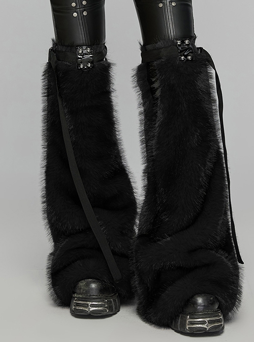 Black Warm Imitation Silver Fox Fur With Shiny Patent Leather Semi Circular Rivets Embellished Punk Style Adjustable Leg Warmers