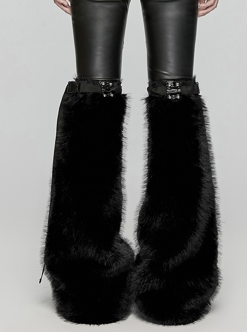 Black Warm Imitation Silver Fox Fur With Shiny Patent Leather Semi Circular Rivets Embellished Punk Style Adjustable Leg Warmers