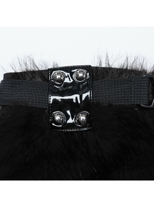 Black Warm Imitation Silver Fox Fur With Shiny Patent Leather Semi Circular Rivets Embellished Punk Style Adjustable Leg Warmers