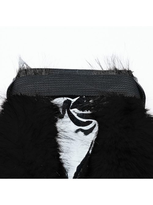 Black Warm Imitation Silver Fox Fur With Shiny Patent Leather Semi Circular Rivets Embellished Punk Style Adjustable Leg Warmers