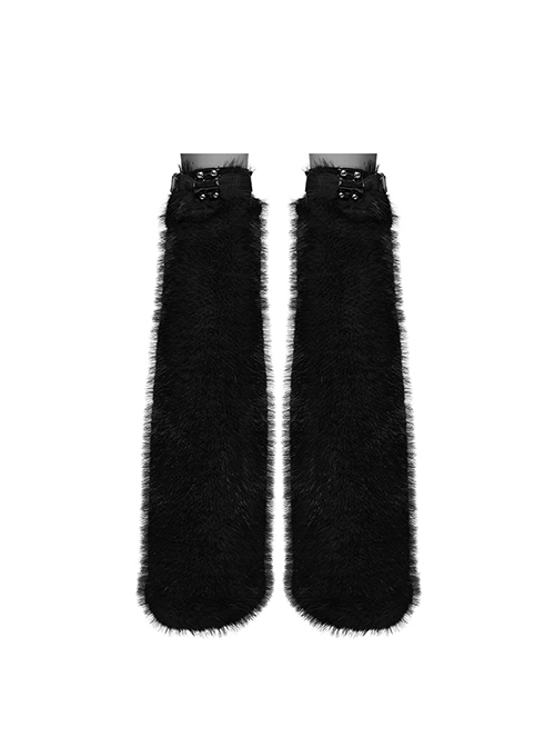 Black Warm Imitation Silver Fox Fur With Shiny Patent Leather Semi Circular Rivets Embellished Punk Style Adjustable Leg Warmers