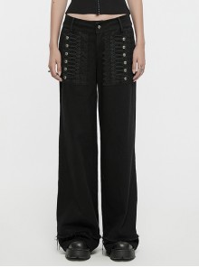 Three Dimensional Non Elastic Black Twill Fabric Exquisite Lace In The Front Center Decorated With Cross Rivets Punk Style Retro Straight Trousers