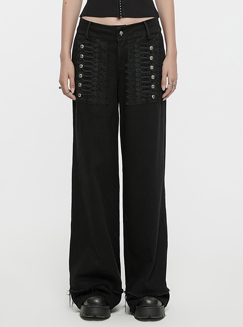 Three Dimensional Non Elastic Black Twill Fabric Exquisite Lace In The Front Center Decorated With Cross Rivets Punk Style Retro Straight Trousers