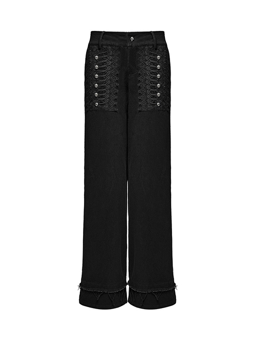 Three Dimensional Non Elastic Black Twill Fabric Exquisite Lace In The Front Center Decorated With Cross Rivets Punk Style Retro Straight Trousers