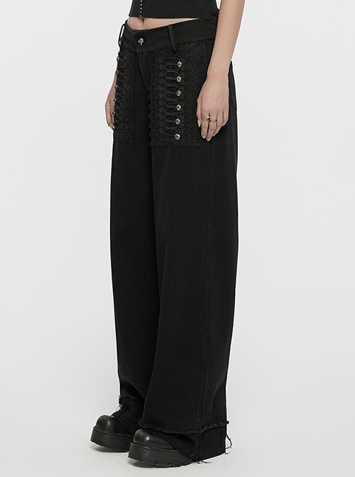 Three Dimensional Non Elastic Black Twill Fabric Exquisite Lace In The Front Center Decorated With Cross Rivets Punk Style Retro Straight Trousers