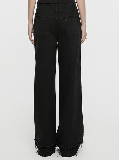 Three Dimensional Non Elastic Black Twill Fabric Exquisite Lace In The Front Center Decorated With Cross Rivets Punk Style Retro Straight Trousers
