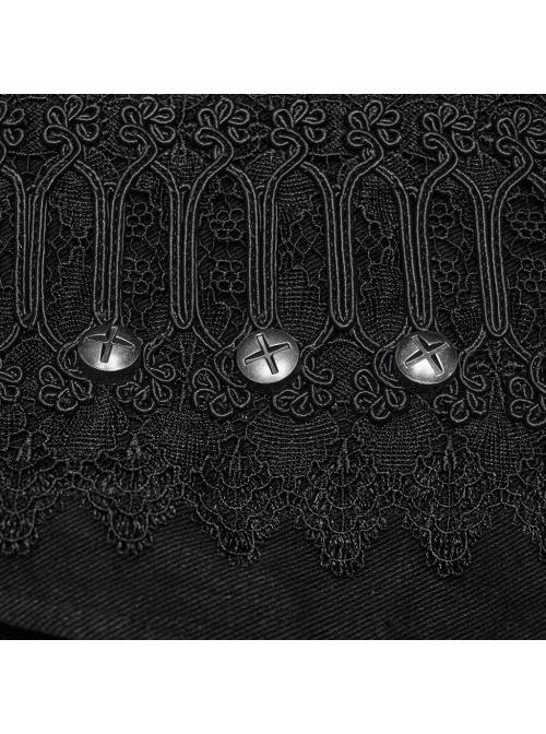 Three Dimensional Non Elastic Black Twill Fabric Exquisite Lace In The Front Center Decorated With Cross Rivets Punk Style Retro Straight Trousers