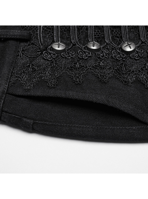Three Dimensional Non Elastic Black Twill Fabric Exquisite Lace In The Front Center Decorated With Cross Rivets Punk Style Retro Straight Trousers