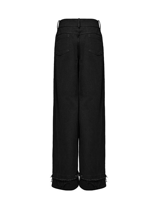 Three Dimensional Non Elastic Black Twill Fabric Exquisite Lace In The Front Center Decorated With Cross Rivets Punk Style Retro Straight Trousers