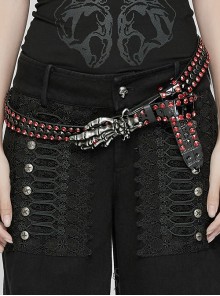 Personalized Black And Red Retro Artificial Leather With Textured Red Diamond Skull Claw Buckle Design Punk Style Handsome Belt