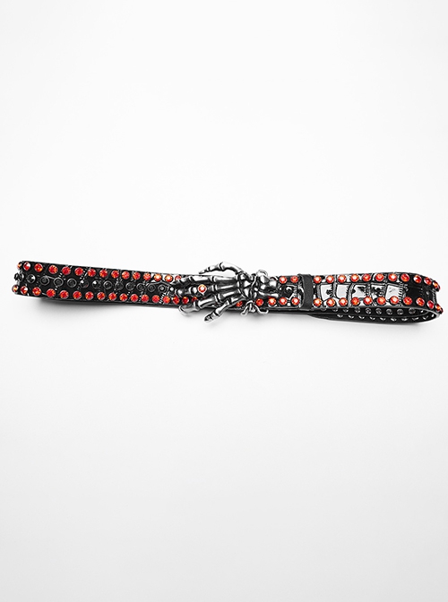 Personalized Black And Red Retro Artificial Leather With Textured Red Diamond Skull Claw Buckle Design Punk Style Handsome Belt