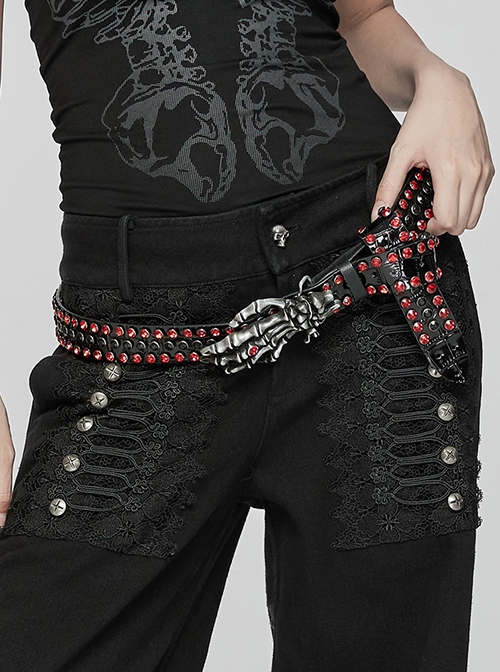 Personalized Black And Red Retro Artificial Leather With Textured Red Diamond Skull Claw Buckle Design Punk Style Handsome Belt