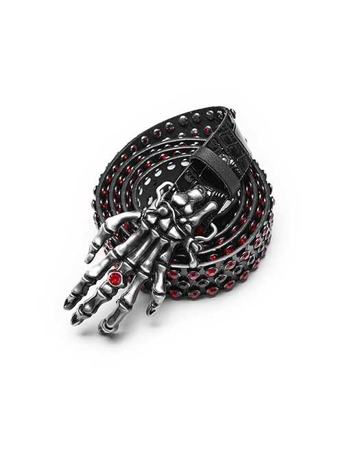 Personalized Black And Red Retro Artificial Leather With Textured Red Diamond Skull Claw Buckle Design Punk Style Handsome Belt