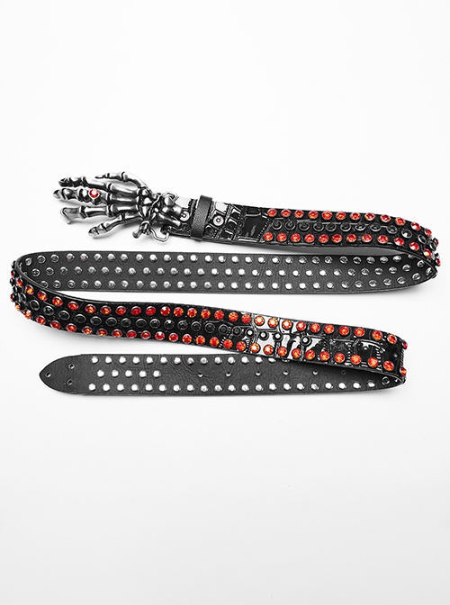 Personalized Black And Red Retro Artificial Leather With Textured Red Diamond Skull Claw Buckle Design Punk Style Handsome Belt