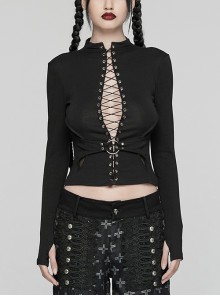 Black Stretch Knitted Mesh Front Center Hollow Slit Tied Rope Design Punk Style Sexy Long Sleeve T-Shirt
