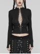 Black Stretch Knitted Mesh Front Center Hollow Slit Tied Rope Design Punk Style Sexy Long Sleeve T-Shirt