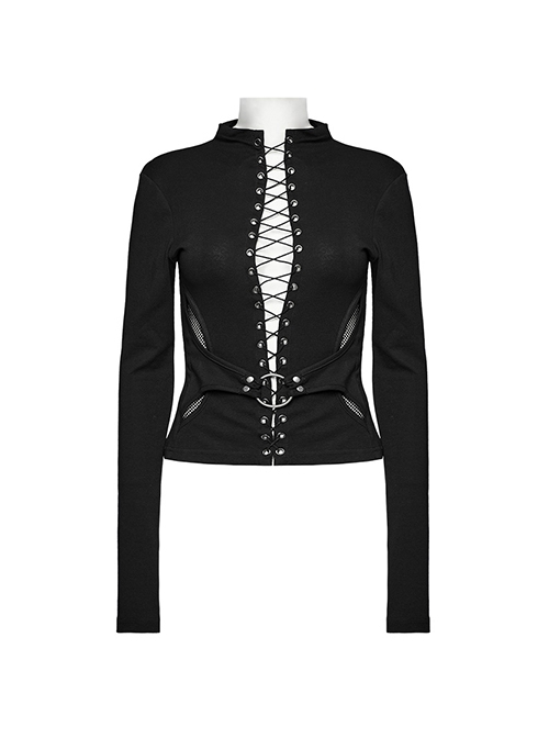 Black Stretch Knitted Mesh Front Center Hollow Slit Tied Rope Design Punk Style Sexy Long Sleeve T-Shirt