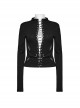 Black Stretch Knitted Mesh Front Center Hollow Slit Tied Rope Design Punk Style Sexy Long Sleeve T-Shirt