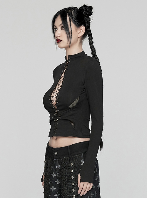 Black Stretch Knitted Mesh Front Center Hollow Slit Tied Rope Design Punk Style Sexy Long Sleeve T-Shirt