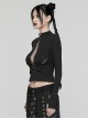 Black Stretch Knitted Mesh Front Center Hollow Slit Tied Rope Design Punk Style Sexy Long Sleeve T-Shirt