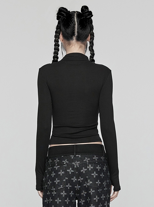Black Stretch Knitted Mesh Front Center Hollow Slit Tied Rope Design Punk Style Sexy Long Sleeve T-Shirt