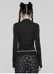 Black Stretch Knitted Mesh Front Center Hollow Slit Tied Rope Design Punk Style Sexy Long Sleeve T-Shirt