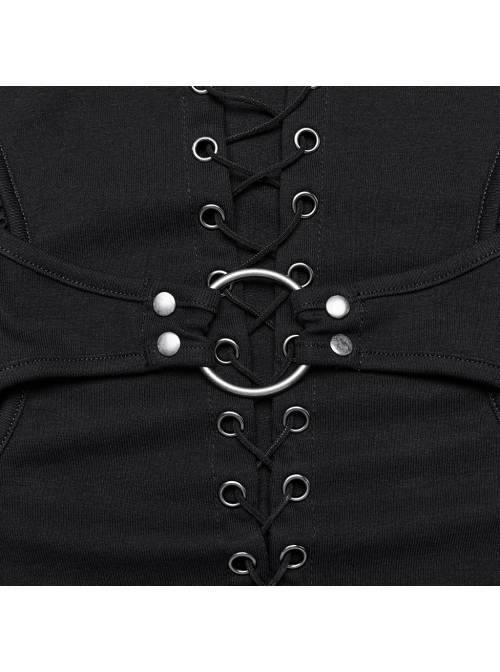 Black Stretch Knitted Mesh Front Center Hollow Slit Tied Rope Design Punk Style Sexy Long Sleeve T-Shirt