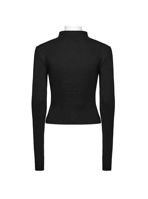 Black Stretch Knitted Mesh Front Center Hollow Slit Tied Rope Design Punk Style Sexy Long Sleeve T-Shirt