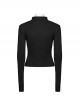 Black Stretch Knitted Mesh Front Center Hollow Slit Tied Rope Design Punk Style Sexy Long Sleeve T-Shirt