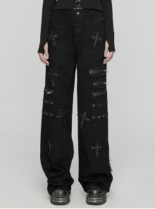Elastic Black Twill Front Center Three Dimensional Raw Edge Cross Pattern Patch Design Punk Style Decadent Straight Trousers