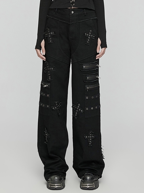 Elastic Black Twill Front Center Three Dimensional Raw Edge Cross Pattern Patch Design Punk Style Decadent Straight Trousers
