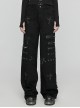 Elastic Black Twill Front Center Three Dimensional Raw Edge Cross Pattern Patch Design Punk Style Decadent Straight Trousers