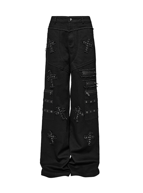 Elastic Black Twill Front Center Three Dimensional Raw Edge Cross Pattern Patch Design Punk Style Decadent Straight Trousers