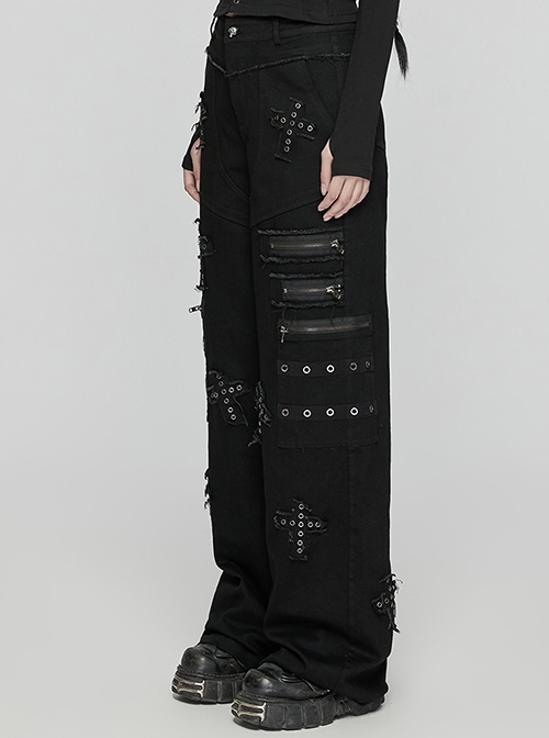 Elastic Black Twill Front Center Three Dimensional Raw Edge Cross Pattern Patch Design Punk Style Decadent Straight Trousers