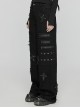 Elastic Black Twill Front Center Three Dimensional Raw Edge Cross Pattern Patch Design Punk Style Decadent Straight Trousers