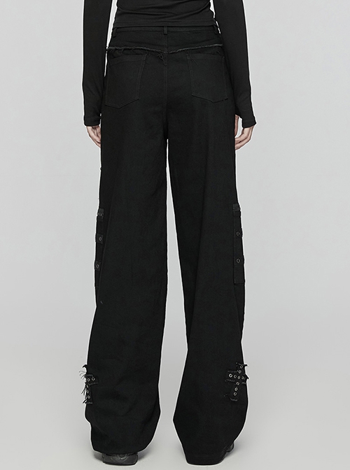 Elastic Black Twill Front Center Three Dimensional Raw Edge Cross Pattern Patch Design Punk Style Decadent Straight Trousers