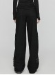 Elastic Black Twill Front Center Three Dimensional Raw Edge Cross Pattern Patch Design Punk Style Decadent Straight Trousers