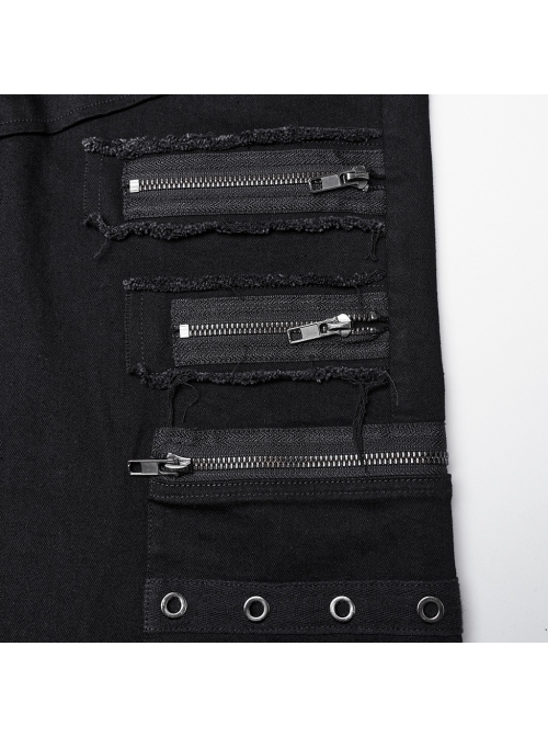 Elastic Black Twill Front Center Three Dimensional Raw Edge Cross Pattern Patch Design Punk Style Decadent Straight Trousers
