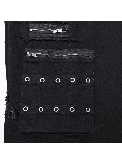 Elastic Black Twill Front Center Three Dimensional Raw Edge Cross Pattern Patch Design Punk Style Decadent Straight Trousers