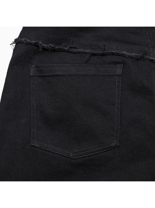 Elastic Black Twill Front Center Three Dimensional Raw Edge Cross Pattern Patch Design Punk Style Decadent Straight Trousers