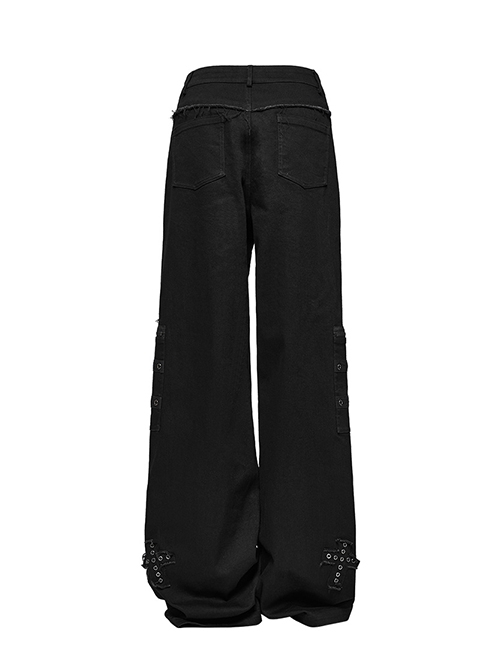 Elastic Black Twill Front Center Three Dimensional Raw Edge Cross Pattern Patch Design Punk Style Decadent Straight Trousers
