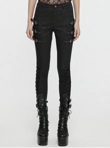 Exquisite Retro Black Printed Fabric Side Carved Japanese Style Buttons With Lace Rope Design Gothic Style Leggings