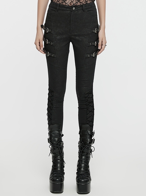 Exquisite Retro Black Printed Fabric Side Carved Japanese Style Buttons With Lace Rope Design Gothic Style Leggings